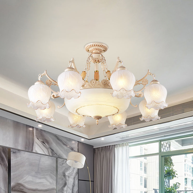 White Glass Floral Ceiling Light Rustic 7/9/11 Heads Living Room Semi Flush Mount Lighting Clearhalo 'Ceiling Lights' 'Close To Ceiling Lights' 'Close to ceiling' 'Glass shade' 'Glass' 'Semi-flushmount' Lighting' 802173