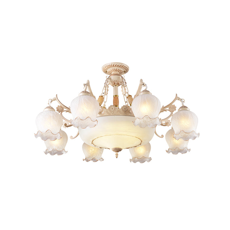 White Glass Floral Ceiling Light Rustic 7/9/11 Heads Living Room Semi Flush Mount Lighting Clearhalo 'Ceiling Lights' 'Close To Ceiling Lights' 'Close to ceiling' 'Glass shade' 'Glass' 'Semi-flushmount' Lighting' 802174