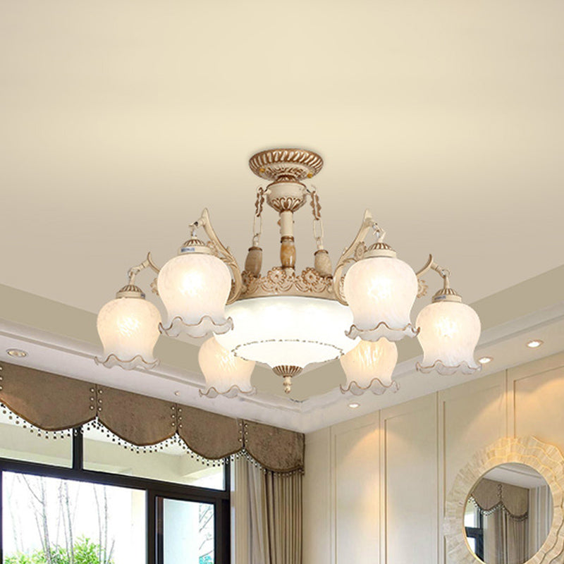 White Glass Floral Ceiling Light Rustic 7/9/11 Heads Living Room Semi Flush Mount Lighting Clearhalo 'Ceiling Lights' 'Close To Ceiling Lights' 'Close to ceiling' 'Glass shade' 'Glass' 'Semi-flushmount' Lighting' 802177