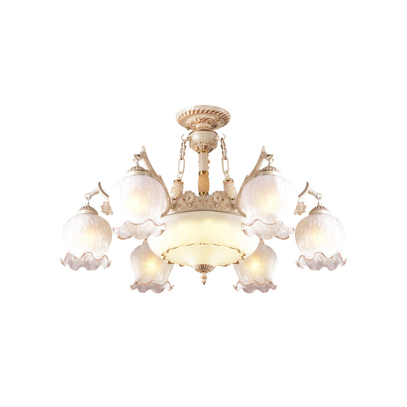 White Glass Floral Ceiling Light Rustic 7/9/11 Heads Living Room Semi Flush Mount Lighting Clearhalo 'Ceiling Lights' 'Close To Ceiling Lights' 'Close to ceiling' 'Glass shade' 'Glass' 'Semi-flushmount' Lighting' 802178