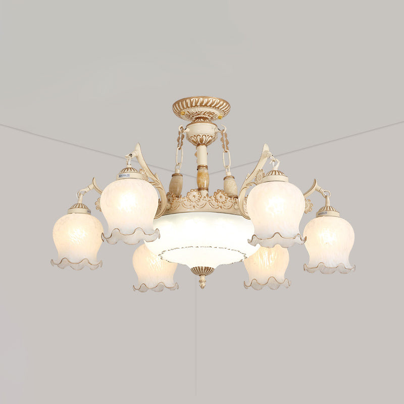 White Glass Floral Ceiling Light Rustic 7/9/11 Heads Living Room Semi Flush Mount Lighting Clearhalo 'Ceiling Lights' 'Close To Ceiling Lights' 'Close to ceiling' 'Glass shade' 'Glass' 'Semi-flushmount' Lighting' 802179