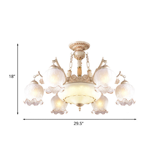 White Glass Floral Ceiling Light Rustic 7/9/11 Heads Living Room Semi Flush Mount Lighting Clearhalo 'Ceiling Lights' 'Close To Ceiling Lights' 'Close to ceiling' 'Glass shade' 'Glass' 'Semi-flushmount' Lighting' 802180