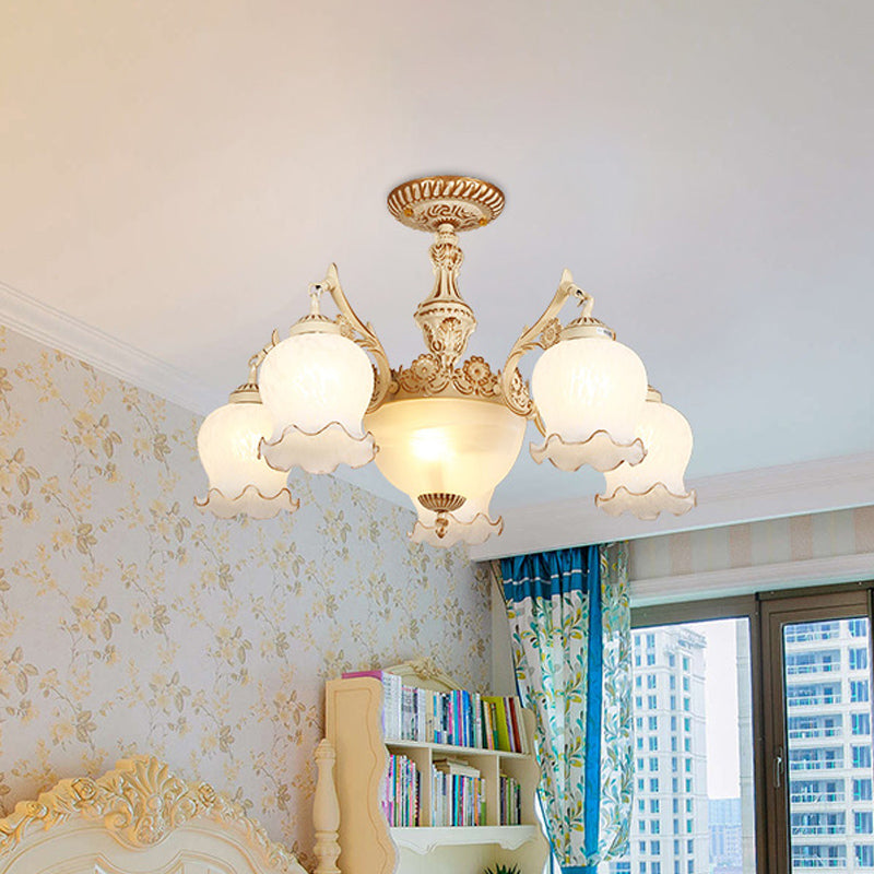 White Glass Floral Ceiling Light Rustic 7/9/11 Heads Living Room Semi Flush Mount Lighting Clearhalo 'Ceiling Lights' 'Close To Ceiling Lights' 'Close to ceiling' 'Glass shade' 'Glass' 'Semi-flushmount' Lighting' 802182