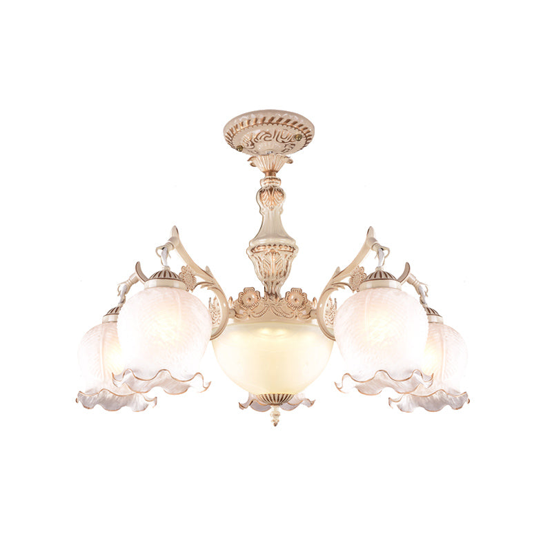 White Glass Floral Ceiling Light Rustic 7/9/11 Heads Living Room Semi Flush Mount Lighting Clearhalo 'Ceiling Lights' 'Close To Ceiling Lights' 'Close to ceiling' 'Glass shade' 'Glass' 'Semi-flushmount' Lighting' 802183