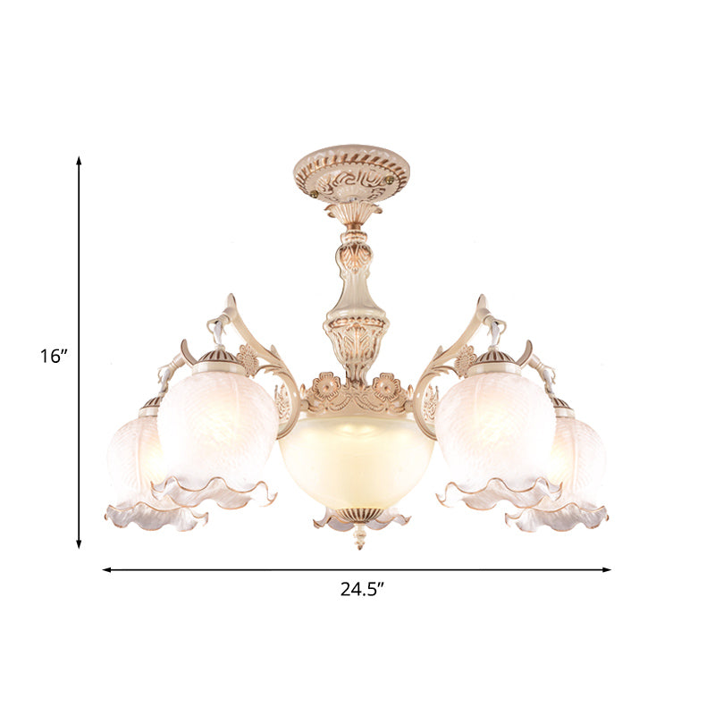 White Glass Floral Ceiling Light Rustic 7/9/11 Heads Living Room Semi Flush Mount Lighting Clearhalo 'Ceiling Lights' 'Close To Ceiling Lights' 'Close to ceiling' 'Glass shade' 'Glass' 'Semi-flushmount' Lighting' 802185