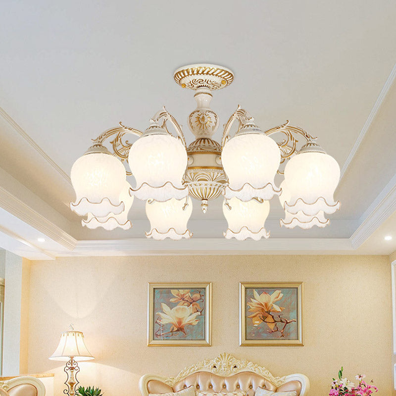 Flower Living Room Semi Flush Rustic White Glass 3/5/6 Bulbs Beige Flush Mount Light Fixture Clearhalo 'Ceiling Lights' 'Close To Ceiling Lights' 'Close to ceiling' 'Glass shade' 'Glass' 'Pendant Lights' 'Semi-flushmount' Lighting' 802187