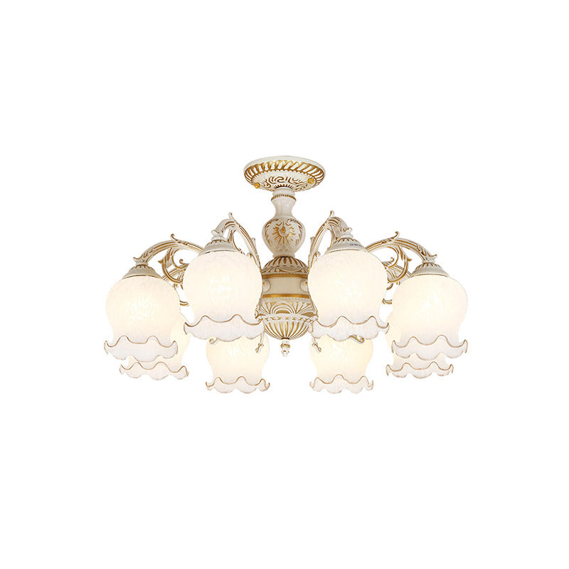 Flower Living Room Semi Flush Rustic White Glass 3/5/6 Bulbs Beige Flush Mount Light Fixture Clearhalo 'Ceiling Lights' 'Close To Ceiling Lights' 'Close to ceiling' 'Glass shade' 'Glass' 'Pendant Lights' 'Semi-flushmount' Lighting' 802188