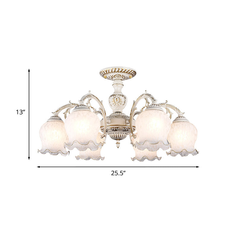 Flower Living Room Semi Flush Rustic White Glass 3/5/6 Bulbs Beige Flush Mount Light Fixture Clearhalo 'Ceiling Lights' 'Close To Ceiling Lights' 'Close to ceiling' 'Glass shade' 'Glass' 'Pendant Lights' 'Semi-flushmount' Lighting' 802194