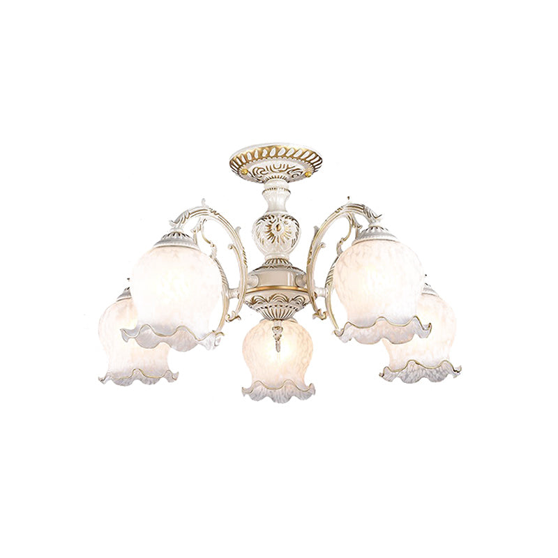Flower Living Room Semi Flush Rustic White Glass 3/5/6 Bulbs Beige Flush Mount Light Fixture Clearhalo 'Ceiling Lights' 'Close To Ceiling Lights' 'Close to ceiling' 'Glass shade' 'Glass' 'Pendant Lights' 'Semi-flushmount' Lighting' 802197