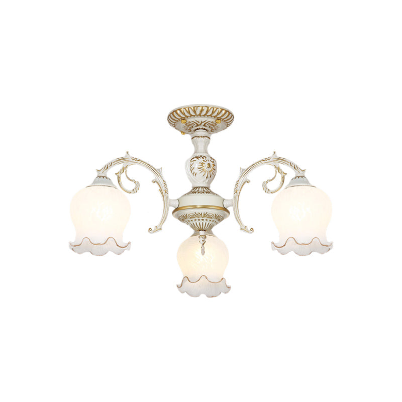 Flower Living Room Semi Flush Rustic White Glass 3/5/6 Bulbs Beige Flush Mount Light Fixture Clearhalo 'Ceiling Lights' 'Close To Ceiling Lights' 'Close to ceiling' 'Glass shade' 'Glass' 'Pendant Lights' 'Semi-flushmount' Lighting' 802203