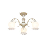 Flower Living Room Semi Flush Rustic White Glass 3/5/6 Bulbs Beige Flush Mount Light Fixture Clearhalo 'Ceiling Lights' 'Close To Ceiling Lights' 'Close to ceiling' 'Glass shade' 'Glass' 'Pendant Lights' 'Semi-flushmount' Lighting' 802203