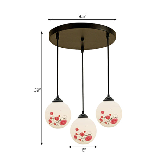 3 Heads Orb Multi-Pendant Modernism Black Finish White Frosted Glass Hanging Light Kit with Flower Pattern and Round/Linear Canopy Clearhalo 'Ceiling Lights' 'Glass shade' 'Glass' 'Pendant Lights' 'Pendants' Lighting' 802257
