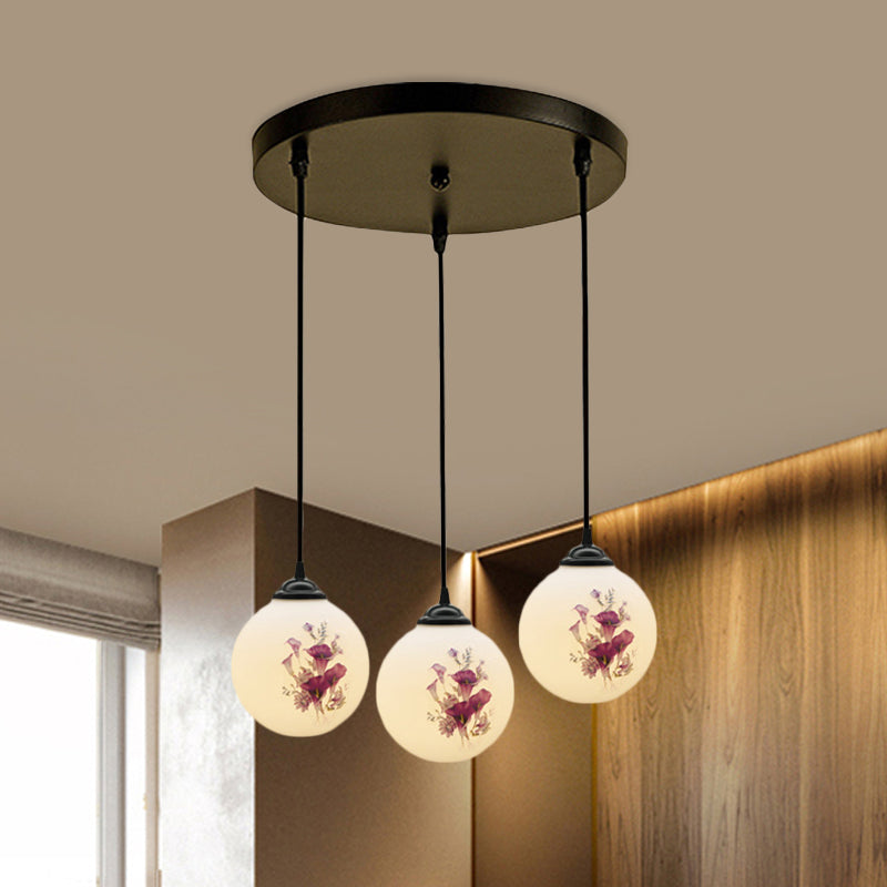 3 Heads Orb Multi-Pendant Modernism Black Finish White Frosted Glass Hanging Light Kit with Flower Pattern and Round/Linear Canopy White B Round Clearhalo 'Ceiling Lights' 'Glass shade' 'Glass' 'Pendant Lights' 'Pendants' Lighting' 802258