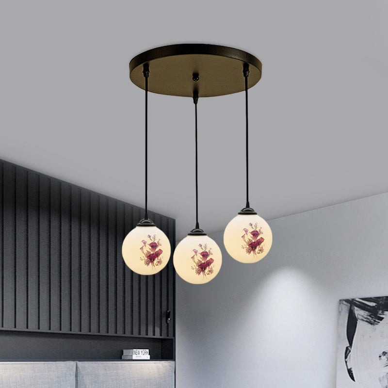 3 Heads Orb Multi-Pendant Modernism Black Finish White Frosted Glass Hanging Light Kit with Flower Pattern and Round/Linear Canopy Clearhalo 'Ceiling Lights' 'Glass shade' 'Glass' 'Pendant Lights' 'Pendants' Lighting' 802260