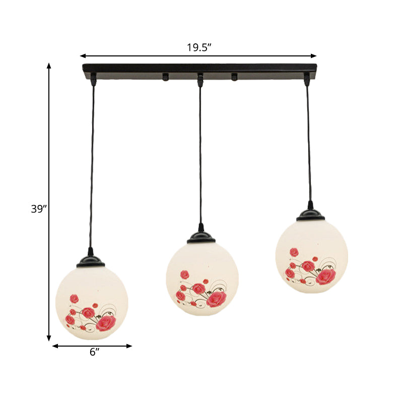 3 Heads Orb Multi-Pendant Modernism Black Finish White Frosted Glass Hanging Light Kit with Flower Pattern and Round/Linear Canopy Clearhalo 'Ceiling Lights' 'Glass shade' 'Glass' 'Pendant Lights' 'Pendants' Lighting' 802270