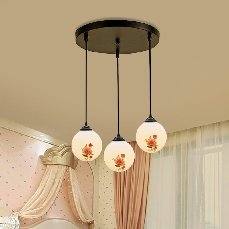 Ball Frosted White Glass Multi Light Pendant Minimalist 3 Bulbs Dining Room Suspension Lamp with Linear/Round Canopy and Floral Pattern White A Round Clearhalo 'Ceiling Lights' 'Close To Ceiling Lights' 'Glass shade' 'Glass' 'Pendant Lights' 'Pendants' Lighting' 802279