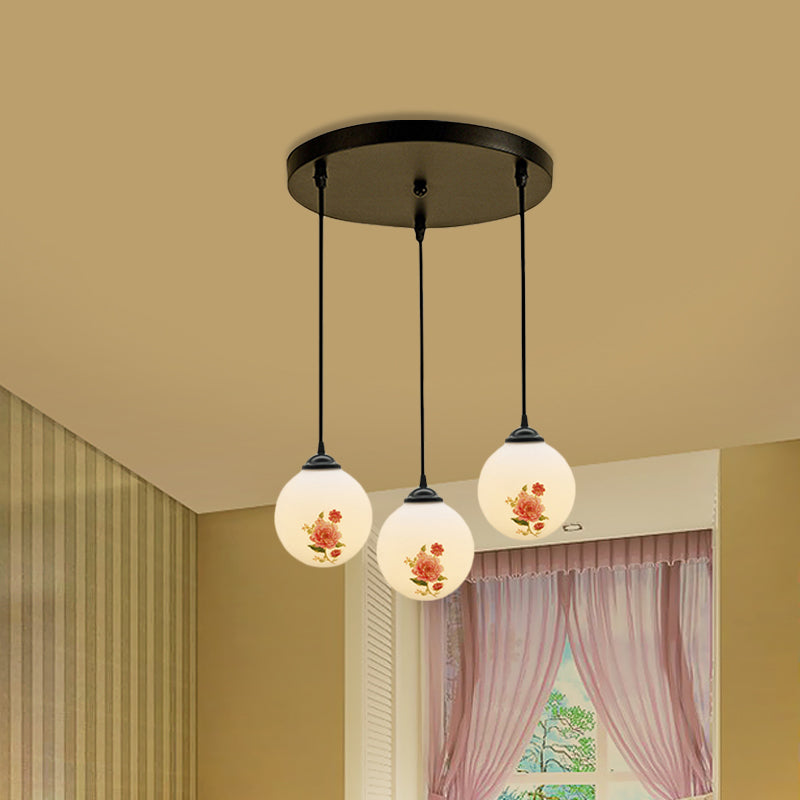 Ball Frosted White Glass Multi Light Pendant Minimalist 3 Bulbs Dining Room Suspension Lamp with Linear/Round Canopy and Floral Pattern Clearhalo 'Ceiling Lights' 'Close To Ceiling Lights' 'Glass shade' 'Glass' 'Pendant Lights' 'Pendants' Lighting' 802280