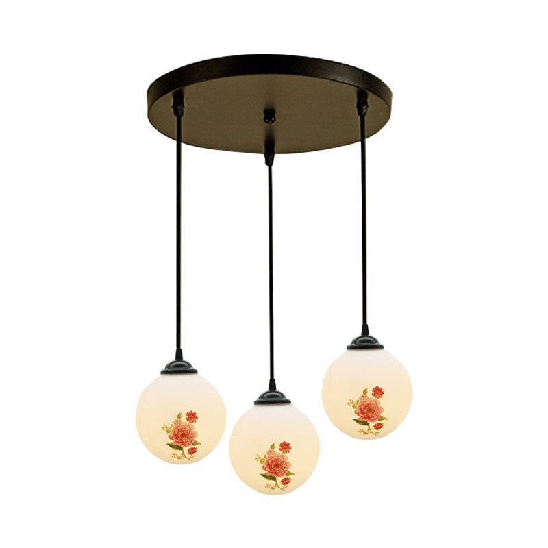 Ball Frosted White Glass Multi Light Pendant Minimalist 3 Bulbs Dining Room Suspension Lamp with Linear/Round Canopy and Floral Pattern Clearhalo 'Ceiling Lights' 'Close To Ceiling Lights' 'Glass shade' 'Glass' 'Pendant Lights' 'Pendants' Lighting' 802281