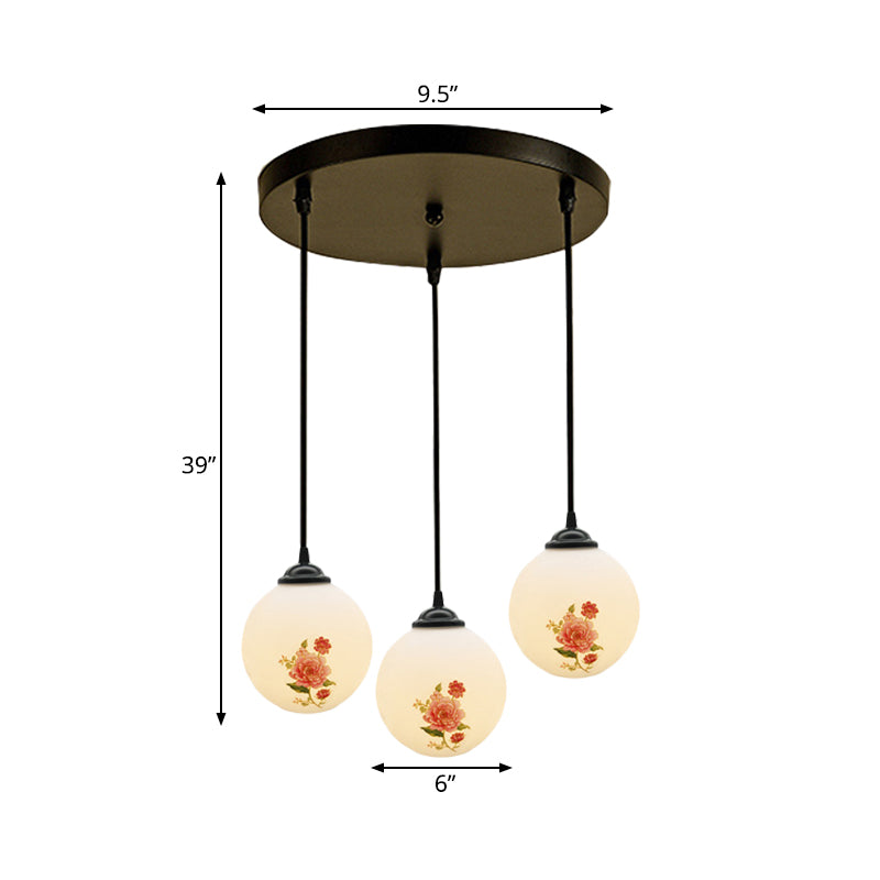 Ball Frosted White Glass Multi Light Pendant Minimalist 3 Bulbs Dining Room Suspension Lamp with Linear/Round Canopy and Floral Pattern Clearhalo 'Ceiling Lights' 'Close To Ceiling Lights' 'Glass shade' 'Glass' 'Pendant Lights' 'Pendants' Lighting' 802282