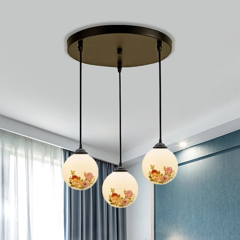 Ball Frosted White Glass Multi Light Pendant Minimalist 3 Bulbs Dining Room Suspension Lamp with Linear/Round Canopy and Floral Pattern White B Round Clearhalo 'Ceiling Lights' 'Close To Ceiling Lights' 'Glass shade' 'Glass' 'Pendant Lights' 'Pendants' Lighting' 802283