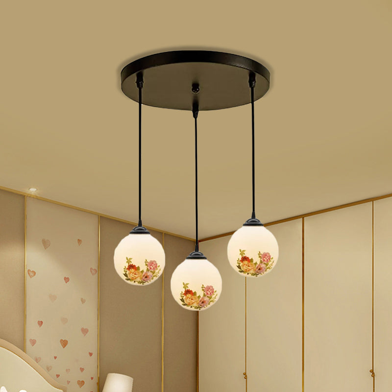 Ball Frosted White Glass Multi Light Pendant Minimalist 3 Bulbs Dining Room Suspension Lamp with Linear/Round Canopy and Floral Pattern Clearhalo 'Ceiling Lights' 'Close To Ceiling Lights' 'Glass shade' 'Glass' 'Pendant Lights' 'Pendants' Lighting' 802284