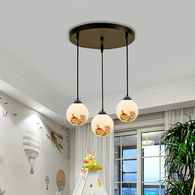 Ball Frosted White Glass Multi Light Pendant Minimalist 3 Bulbs Dining Room Suspension Lamp with Linear/Round Canopy and Floral Pattern Clearhalo 'Ceiling Lights' 'Close To Ceiling Lights' 'Glass shade' 'Glass' 'Pendant Lights' 'Pendants' Lighting' 802285