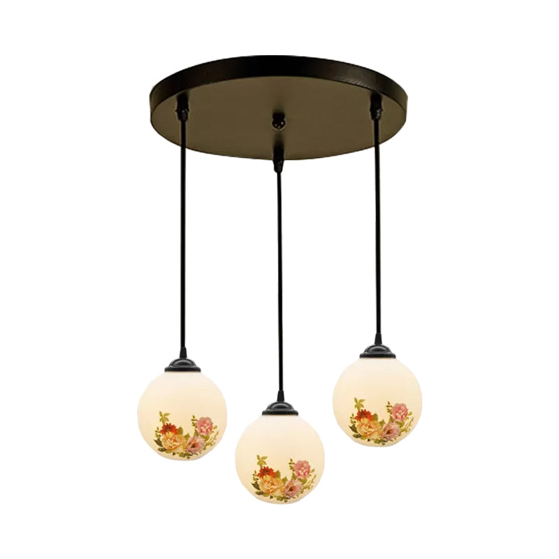 Ball Frosted White Glass Multi Light Pendant Minimalist 3 Bulbs Dining Room Suspension Lamp with Linear/Round Canopy and Floral Pattern Clearhalo 'Ceiling Lights' 'Close To Ceiling Lights' 'Glass shade' 'Glass' 'Pendant Lights' 'Pendants' Lighting' 802286