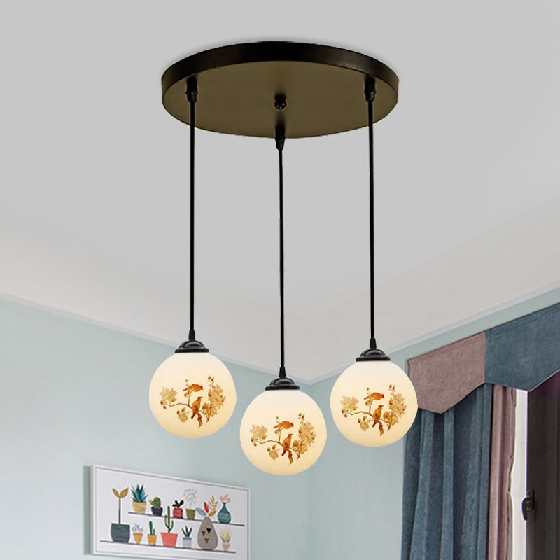 Ball Frosted White Glass Multi Light Pendant Minimalist 3 Bulbs Dining Room Suspension Lamp with Linear/Round Canopy and Floral Pattern White C Round Clearhalo 'Ceiling Lights' 'Close To Ceiling Lights' 'Glass shade' 'Glass' 'Pendant Lights' 'Pendants' Lighting' 802287