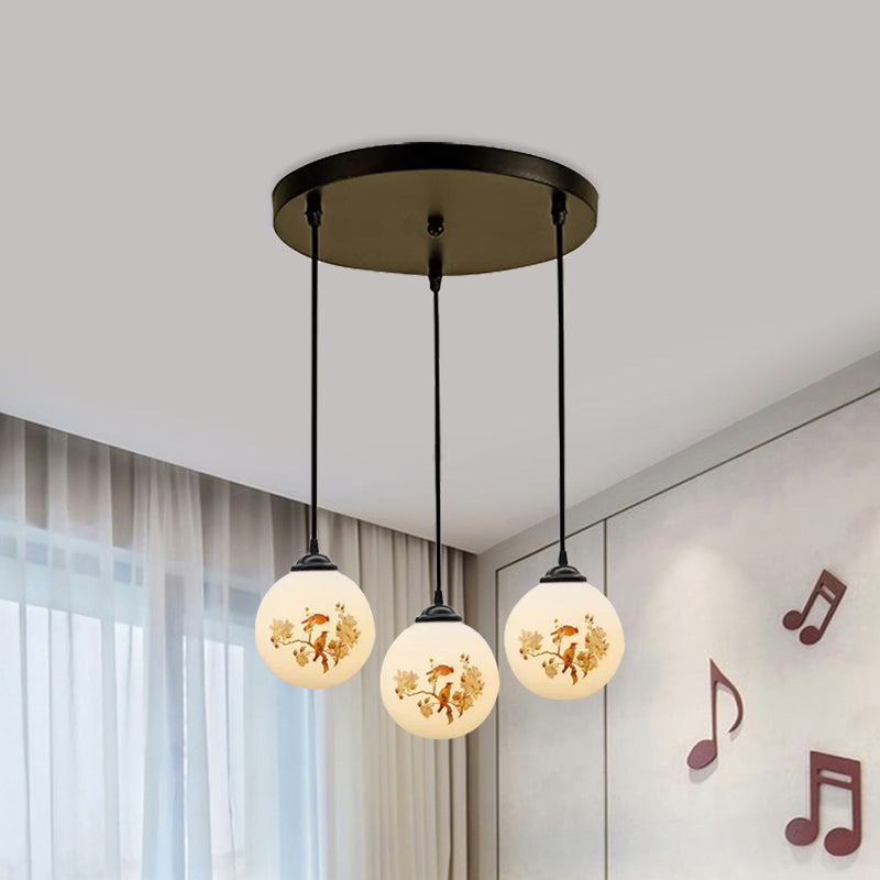 Ball Frosted White Glass Multi Light Pendant Minimalist 3 Bulbs Dining Room Suspension Lamp with Linear/Round Canopy and Floral Pattern Clearhalo 'Ceiling Lights' 'Close To Ceiling Lights' 'Glass shade' 'Glass' 'Pendant Lights' 'Pendants' Lighting' 802288