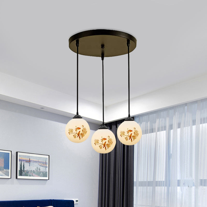 Ball Frosted White Glass Multi Light Pendant Minimalist 3 Bulbs Dining Room Suspension Lamp with Linear/Round Canopy and Floral Pattern Clearhalo 'Ceiling Lights' 'Close To Ceiling Lights' 'Glass shade' 'Glass' 'Pendant Lights' 'Pendants' Lighting' 802289