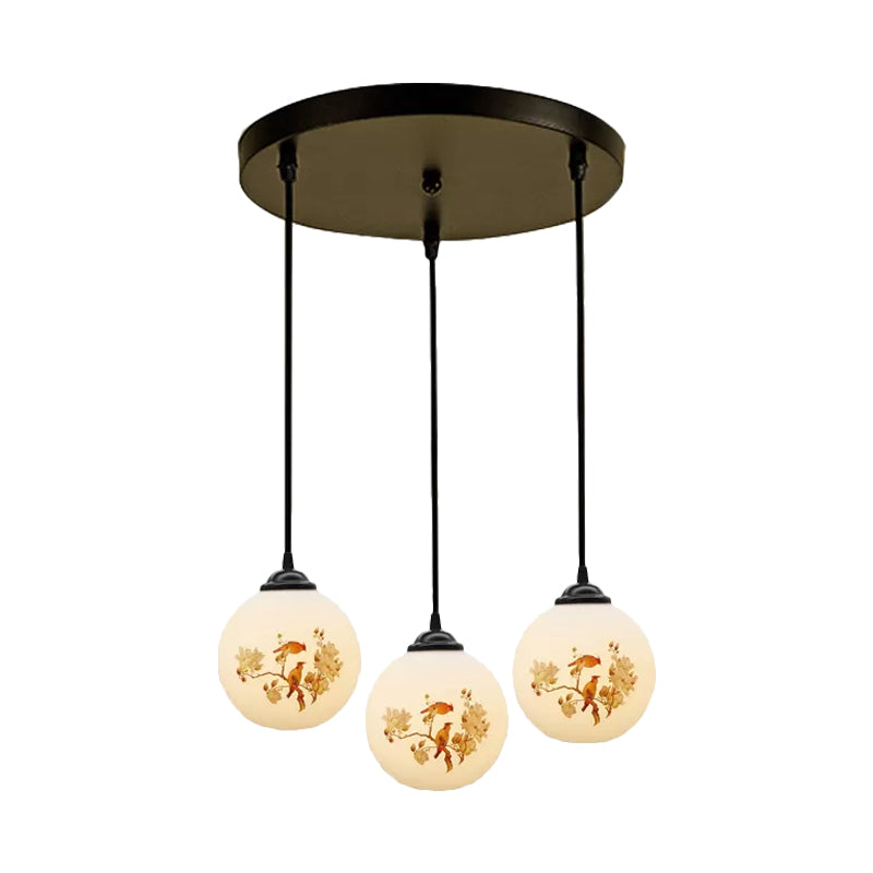 Ball Frosted White Glass Multi Light Pendant Minimalist 3 Bulbs Dining Room Suspension Lamp with Linear/Round Canopy and Floral Pattern Clearhalo 'Ceiling Lights' 'Close To Ceiling Lights' 'Glass shade' 'Glass' 'Pendant Lights' 'Pendants' Lighting' 802290
