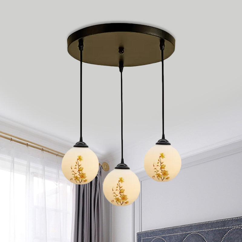 Ball Frosted White Glass Multi Light Pendant Minimalist 3 Bulbs Dining Room Suspension Lamp with Linear/Round Canopy and Floral Pattern White D Round Clearhalo 'Ceiling Lights' 'Close To Ceiling Lights' 'Glass shade' 'Glass' 'Pendant Lights' 'Pendants' Lighting' 802291