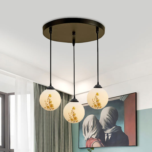 Ball Frosted White Glass Multi Light Pendant Minimalist 3 Bulbs Dining Room Suspension Lamp with Linear/Round Canopy and Floral Pattern Clearhalo 'Ceiling Lights' 'Close To Ceiling Lights' 'Glass shade' 'Glass' 'Pendant Lights' 'Pendants' Lighting' 802292