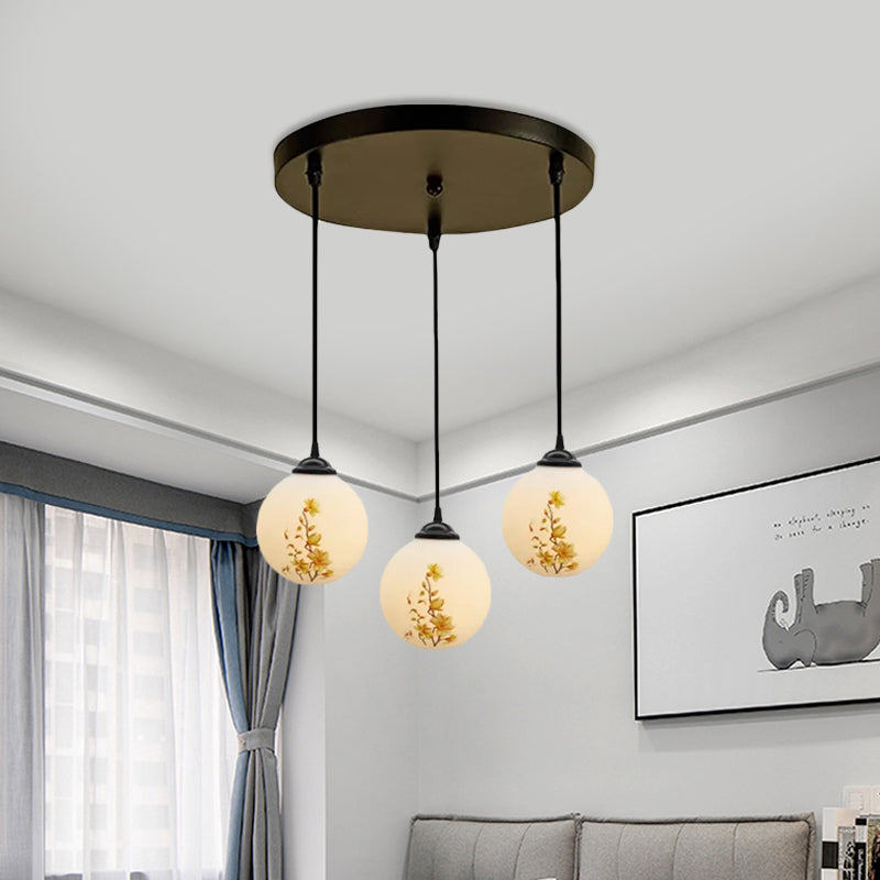 Ball Frosted White Glass Multi Light Pendant Minimalist 3 Bulbs Dining Room Suspension Lamp with Linear/Round Canopy and Floral Pattern Clearhalo 'Ceiling Lights' 'Close To Ceiling Lights' 'Glass shade' 'Glass' 'Pendant Lights' 'Pendants' Lighting' 802293