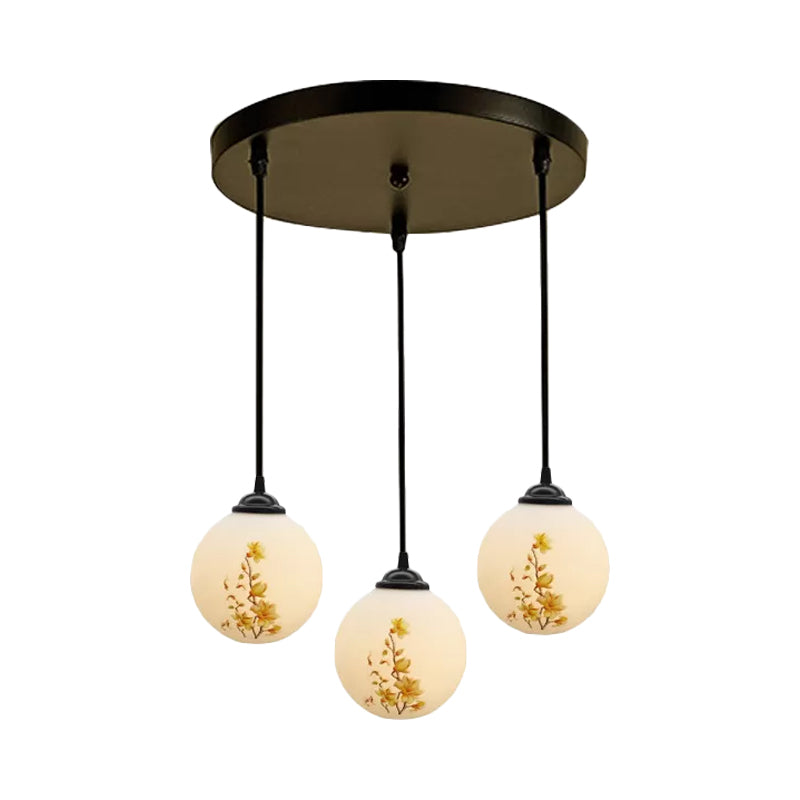 Ball Frosted White Glass Multi Light Pendant Minimalist 3 Bulbs Dining Room Suspension Lamp with Linear/Round Canopy and Floral Pattern Clearhalo 'Ceiling Lights' 'Close To Ceiling Lights' 'Glass shade' 'Glass' 'Pendant Lights' 'Pendants' Lighting' 802294