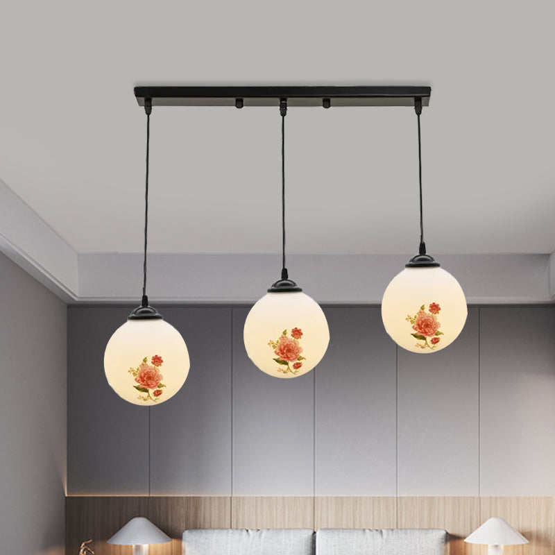 Ball Frosted White Glass Multi Light Pendant Minimalist 3 Bulbs Dining Room Suspension Lamp with Linear/Round Canopy and Floral Pattern Clearhalo 'Ceiling Lights' 'Close To Ceiling Lights' 'Glass shade' 'Glass' 'Pendant Lights' 'Pendants' Lighting' 802296