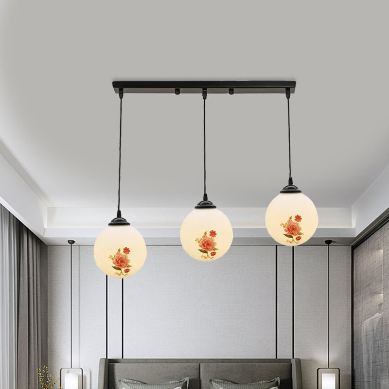 Ball Frosted White Glass Multi Light Pendant Minimalist 3 Bulbs Dining Room Suspension Lamp with Linear/Round Canopy and Floral Pattern Clearhalo 'Ceiling Lights' 'Close To Ceiling Lights' 'Glass shade' 'Glass' 'Pendant Lights' 'Pendants' Lighting' 802297