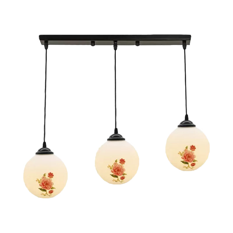 Ball Frosted White Glass Multi Light Pendant Minimalist 3 Bulbs Dining Room Suspension Lamp with Linear/Round Canopy and Floral Pattern Clearhalo 'Ceiling Lights' 'Close To Ceiling Lights' 'Glass shade' 'Glass' 'Pendant Lights' 'Pendants' Lighting' 802298