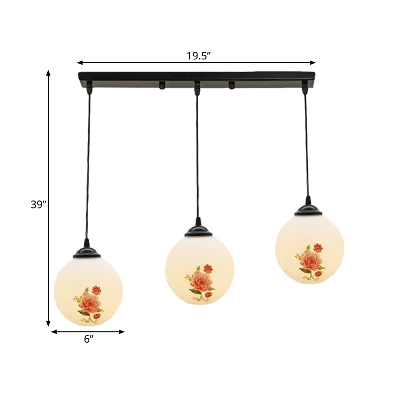 Ball Frosted White Glass Multi Light Pendant Minimalist 3 Bulbs Dining Room Suspension Lamp with Linear/Round Canopy and Floral Pattern Clearhalo 'Ceiling Lights' 'Close To Ceiling Lights' 'Glass shade' 'Glass' 'Pendant Lights' 'Pendants' Lighting' 802299