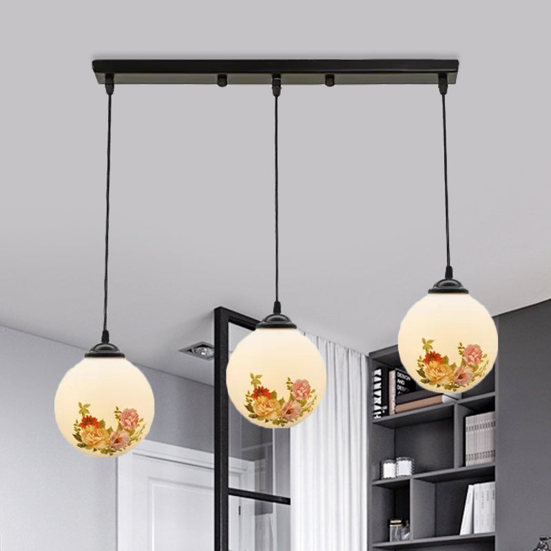 Ball Frosted White Glass Multi Light Pendant Minimalist 3 Bulbs Dining Room Suspension Lamp with Linear/Round Canopy and Floral Pattern White B Linear Clearhalo 'Ceiling Lights' 'Close To Ceiling Lights' 'Glass shade' 'Glass' 'Pendant Lights' 'Pendants' Lighting' 802300