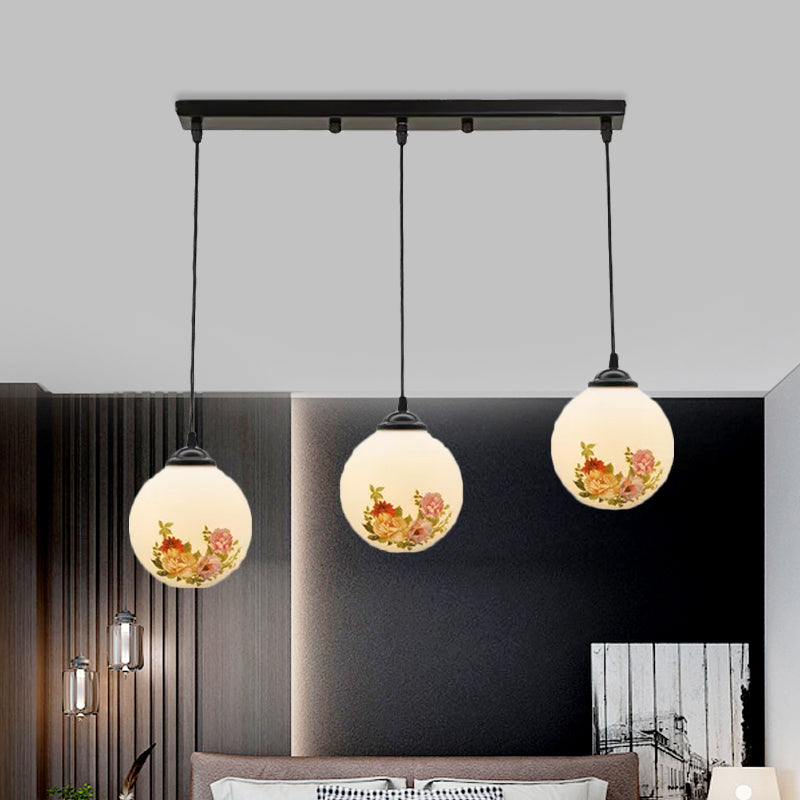 Ball Frosted White Glass Multi Light Pendant Minimalist 3 Bulbs Dining Room Suspension Lamp with Linear/Round Canopy and Floral Pattern Clearhalo 'Ceiling Lights' 'Close To Ceiling Lights' 'Glass shade' 'Glass' 'Pendant Lights' 'Pendants' Lighting' 802301