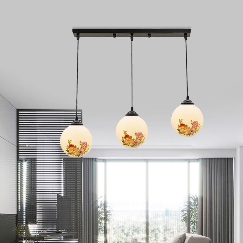 Ball Frosted White Glass Multi Light Pendant Minimalist 3 Bulbs Dining Room Suspension Lamp with Linear/Round Canopy and Floral Pattern Clearhalo 'Ceiling Lights' 'Close To Ceiling Lights' 'Glass shade' 'Glass' 'Pendant Lights' 'Pendants' Lighting' 802302