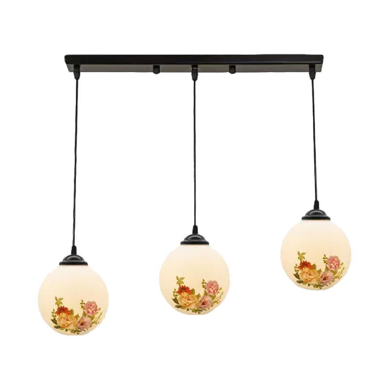 Ball Frosted White Glass Multi Light Pendant Minimalist 3 Bulbs Dining Room Suspension Lamp with Linear/Round Canopy and Floral Pattern Clearhalo 'Ceiling Lights' 'Close To Ceiling Lights' 'Glass shade' 'Glass' 'Pendant Lights' 'Pendants' Lighting' 802303