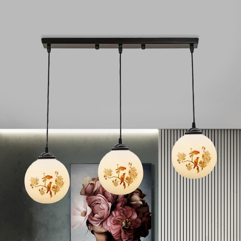 Ball Frosted White Glass Multi Light Pendant Minimalist 3 Bulbs Dining Room Suspension Lamp with Linear/Round Canopy and Floral Pattern White C Linear Clearhalo 'Ceiling Lights' 'Close To Ceiling Lights' 'Glass shade' 'Glass' 'Pendant Lights' 'Pendants' Lighting' 802304