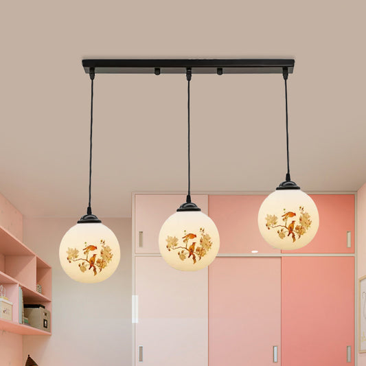 Ball Frosted White Glass Multi Light Pendant Minimalist 3 Bulbs Dining Room Suspension Lamp with Linear/Round Canopy and Floral Pattern Clearhalo 'Ceiling Lights' 'Close To Ceiling Lights' 'Glass shade' 'Glass' 'Pendant Lights' 'Pendants' Lighting' 802305