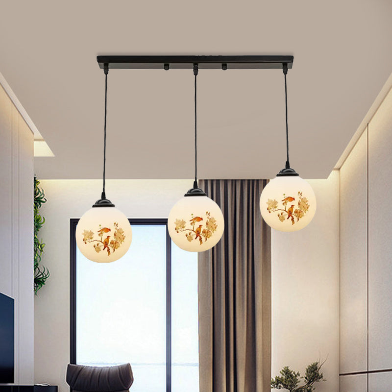 Ball Frosted White Glass Multi Light Pendant Minimalist 3 Bulbs Dining Room Suspension Lamp with Linear/Round Canopy and Floral Pattern Clearhalo 'Ceiling Lights' 'Close To Ceiling Lights' 'Glass shade' 'Glass' 'Pendant Lights' 'Pendants' Lighting' 802306