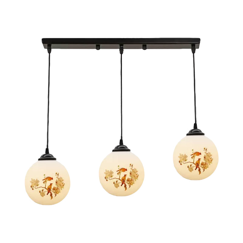 Ball Frosted White Glass Multi Light Pendant Minimalist 3 Bulbs Dining Room Suspension Lamp with Linear/Round Canopy and Floral Pattern Clearhalo 'Ceiling Lights' 'Close To Ceiling Lights' 'Glass shade' 'Glass' 'Pendant Lights' 'Pendants' Lighting' 802307