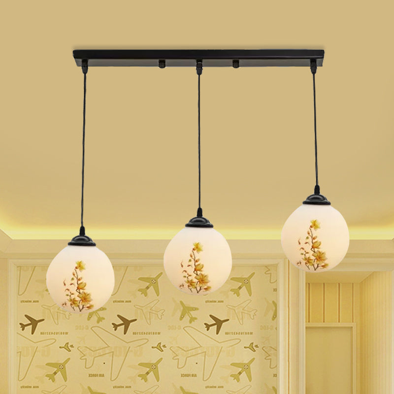 Ball Frosted White Glass Multi Light Pendant Minimalist 3 Bulbs Dining Room Suspension Lamp with Linear/Round Canopy and Floral Pattern White D Linear Clearhalo 'Ceiling Lights' 'Close To Ceiling Lights' 'Glass shade' 'Glass' 'Pendant Lights' 'Pendants' Lighting' 802308