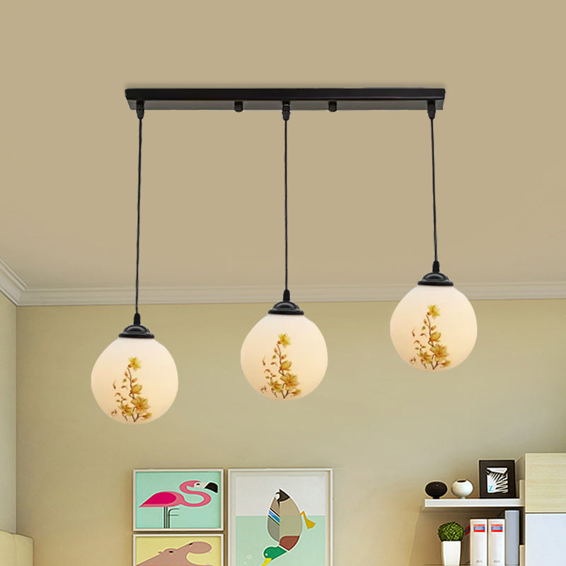Ball Frosted White Glass Multi Light Pendant Minimalist 3 Bulbs Dining Room Suspension Lamp with Linear/Round Canopy and Floral Pattern Clearhalo 'Ceiling Lights' 'Close To Ceiling Lights' 'Glass shade' 'Glass' 'Pendant Lights' 'Pendants' Lighting' 802309