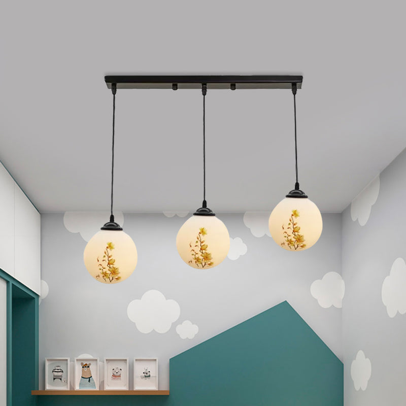 Ball Frosted White Glass Multi Light Pendant Minimalist 3 Bulbs Dining Room Suspension Lamp with Linear/Round Canopy and Floral Pattern Clearhalo 'Ceiling Lights' 'Close To Ceiling Lights' 'Glass shade' 'Glass' 'Pendant Lights' 'Pendants' Lighting' 802310